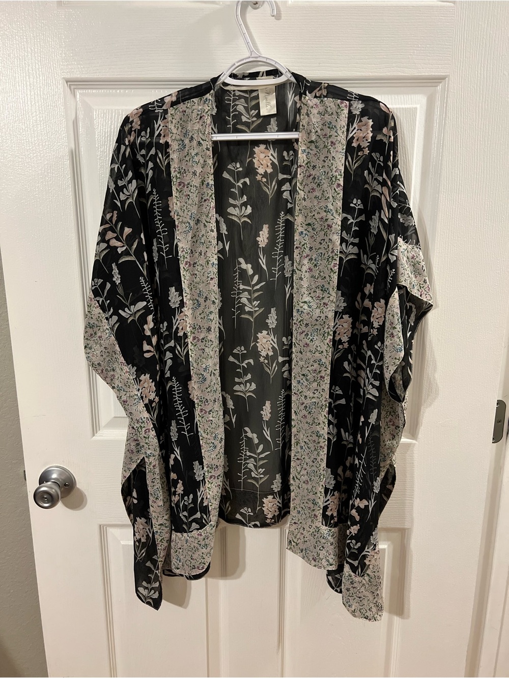 Floral Sheer Open-Front Kimono Jacket - Black with Pink Floral